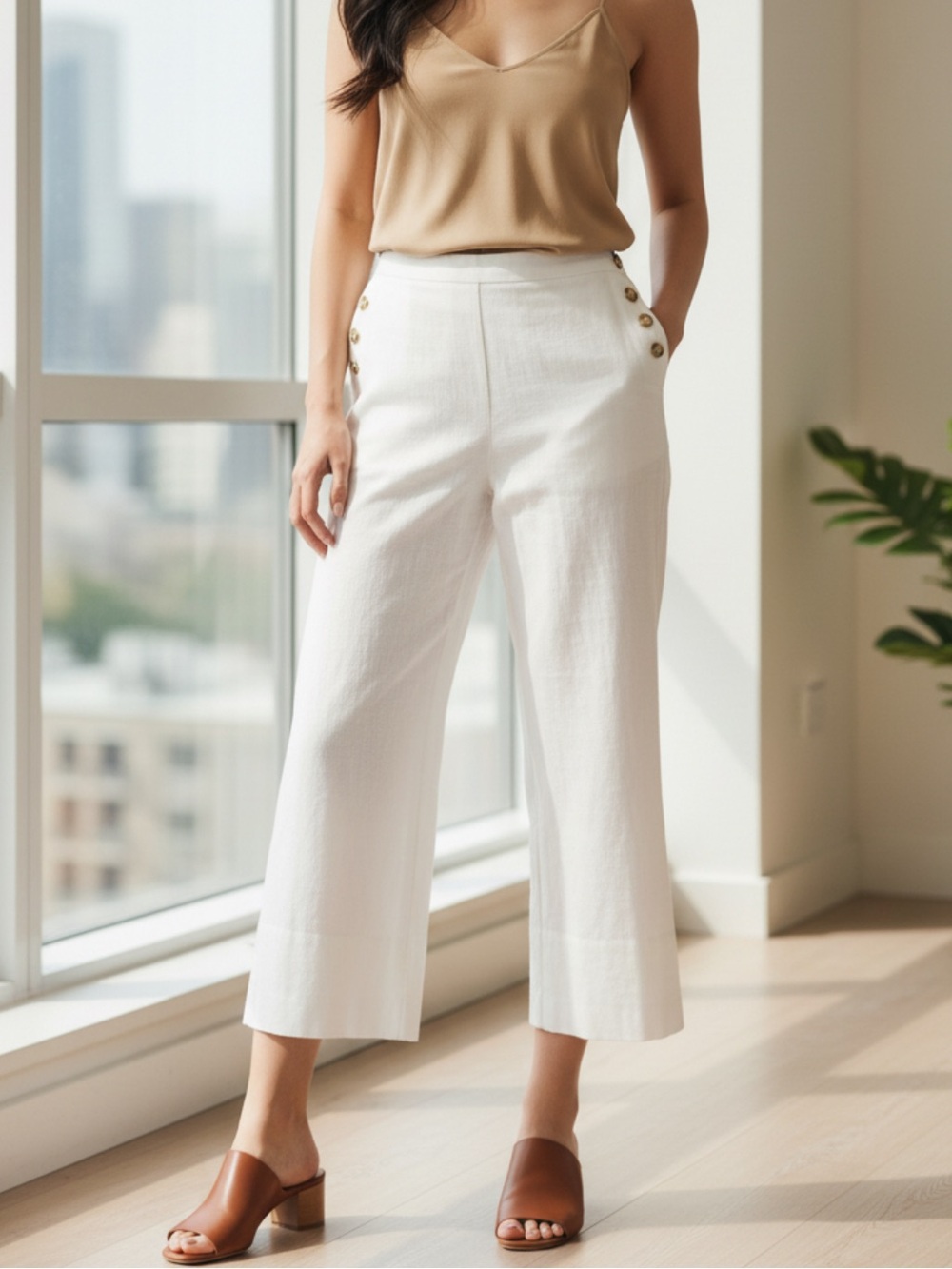 Good Luck Gem White Linen Blend High Waist Wide Leg Cropped Summer Pants Small